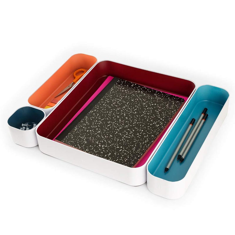 Three by Three Seattle 4 Piece Metal Organizer Tray Set for Storing Makeup, Stationary, Utensils, in Office Desk, Kitchen and Bathroom Drawers (2 Inch, Berry, Sunset, Blue, Stripes) - Image 2